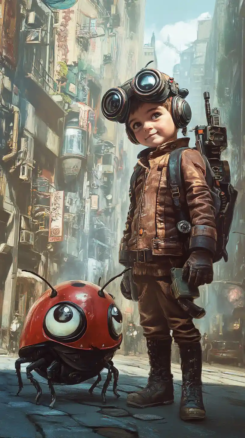 Boy with ladybug robot in steampunk city street