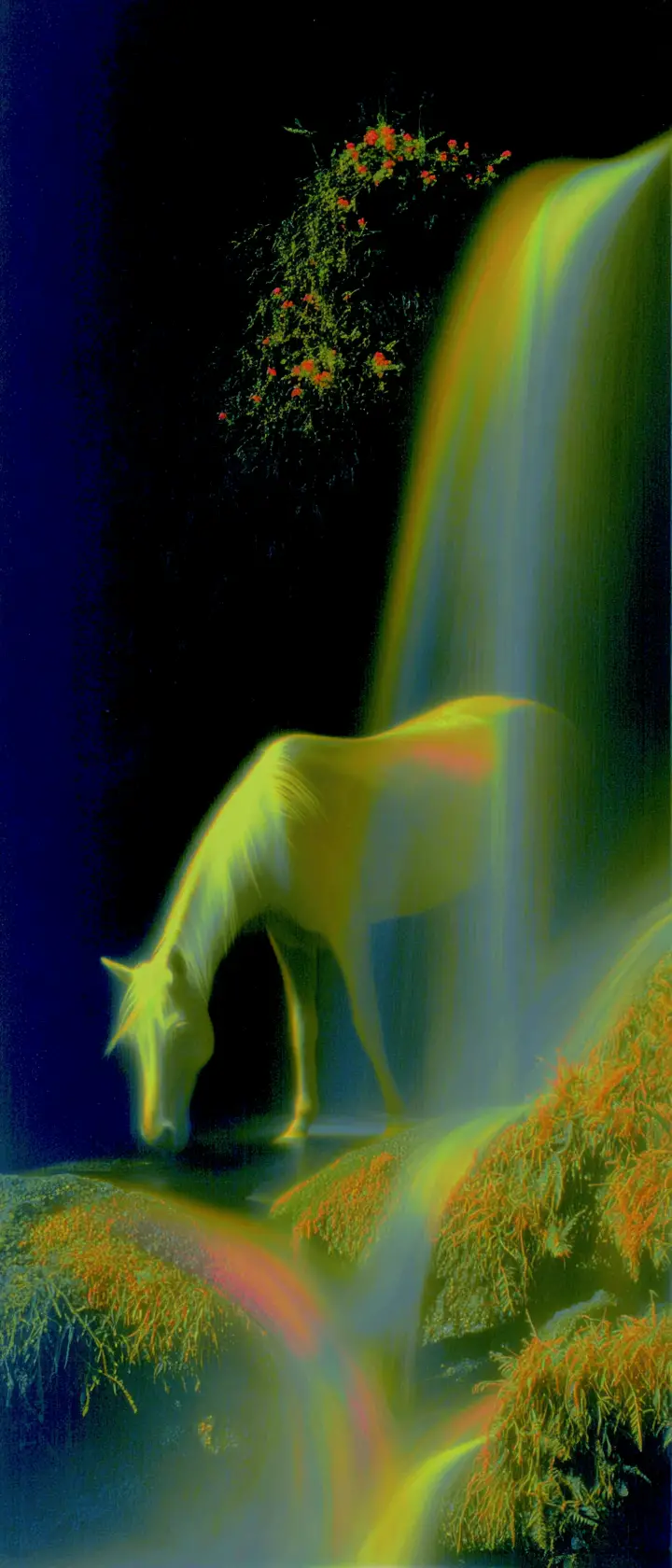 Unicorn Drinking Beneath A Rainbow Waterfall Pool