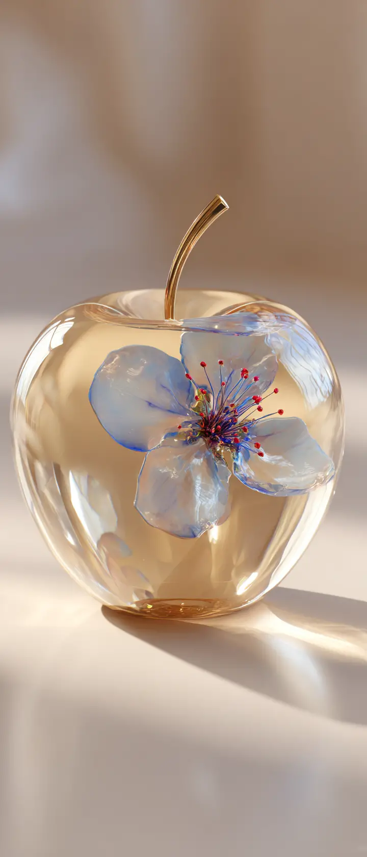 Golden glass apple with blossom in soft studio light