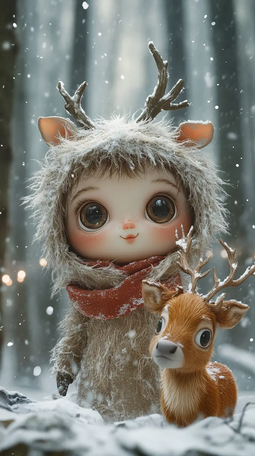Anthropomorphic creature and reindeer in snowy forest