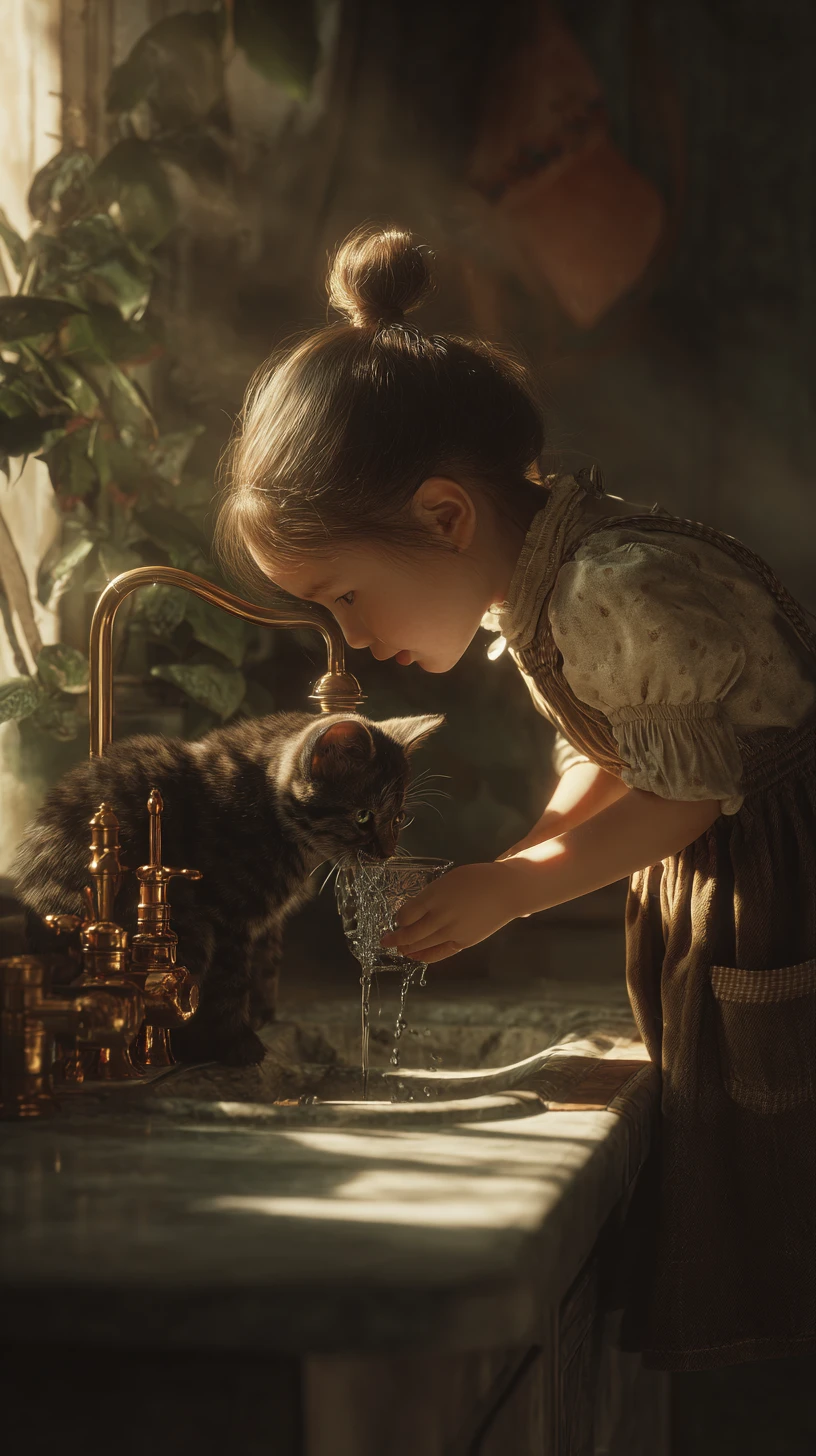 Niña pequeña bebiendo agua de un grifo de jardín - pintura