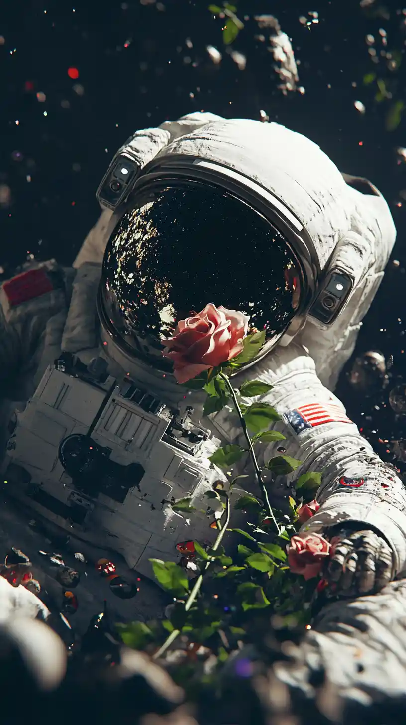 Rose Growing From Broken Astronaut Helmet In Deep Space