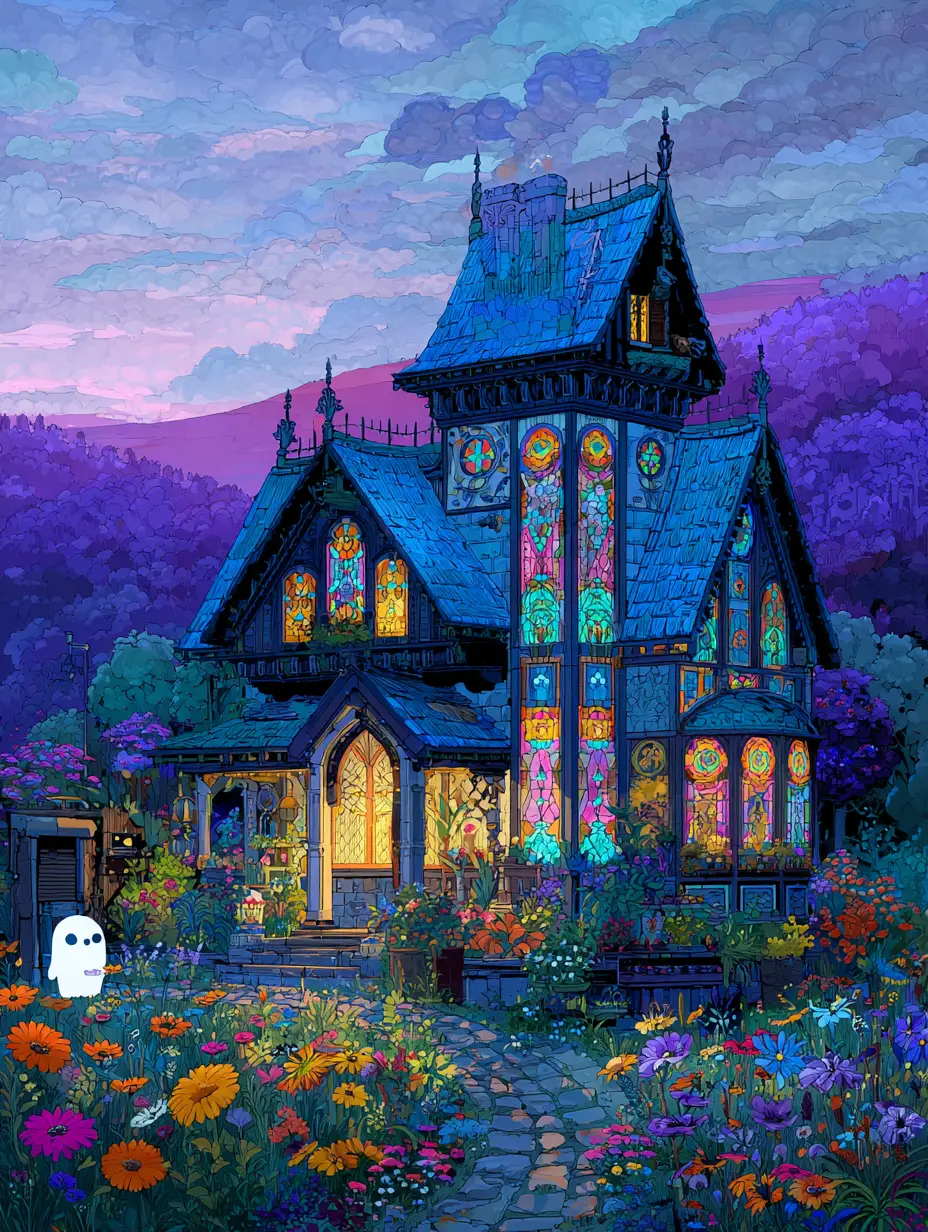 Whimsical fantasy cottage glowing softly at twilight