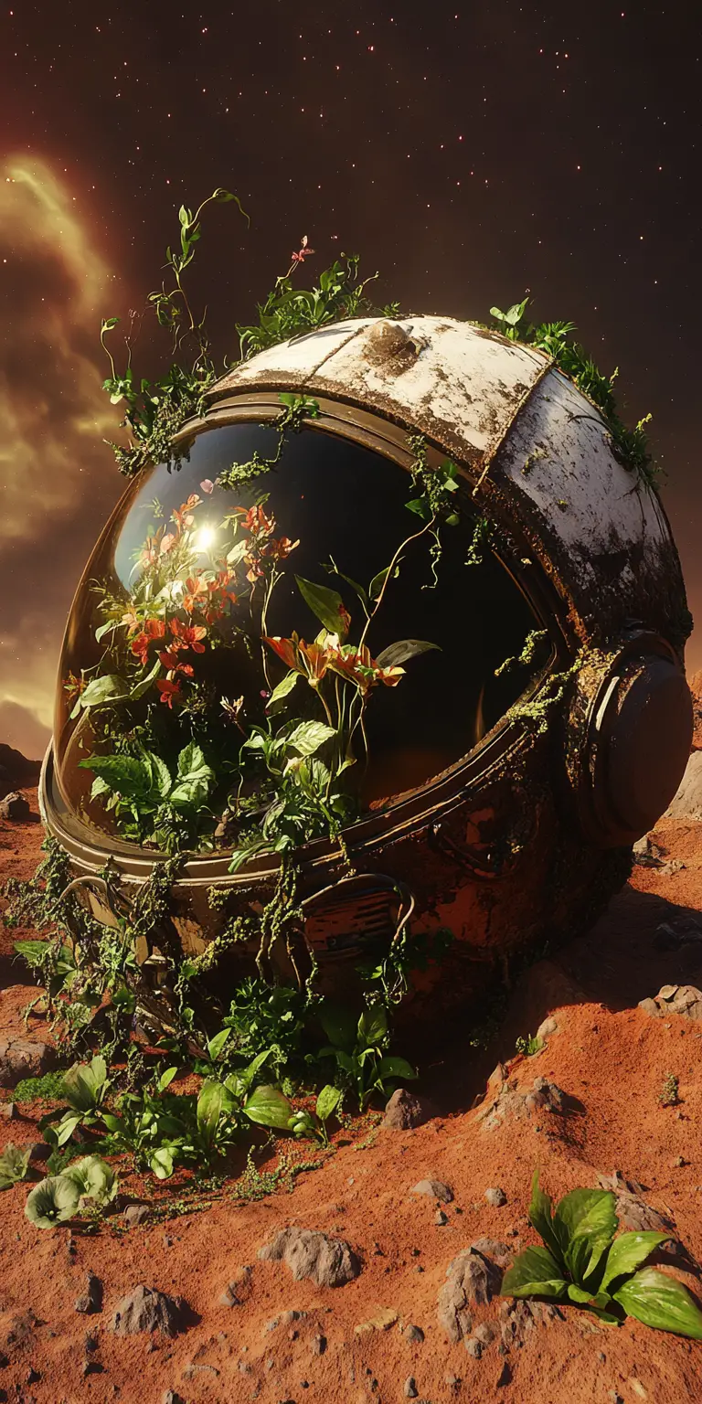Miniature jungle growing inside a discarded astronaut helmet