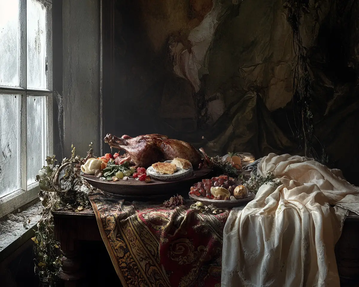 Baroque inspired still life in a decaying abandoned room