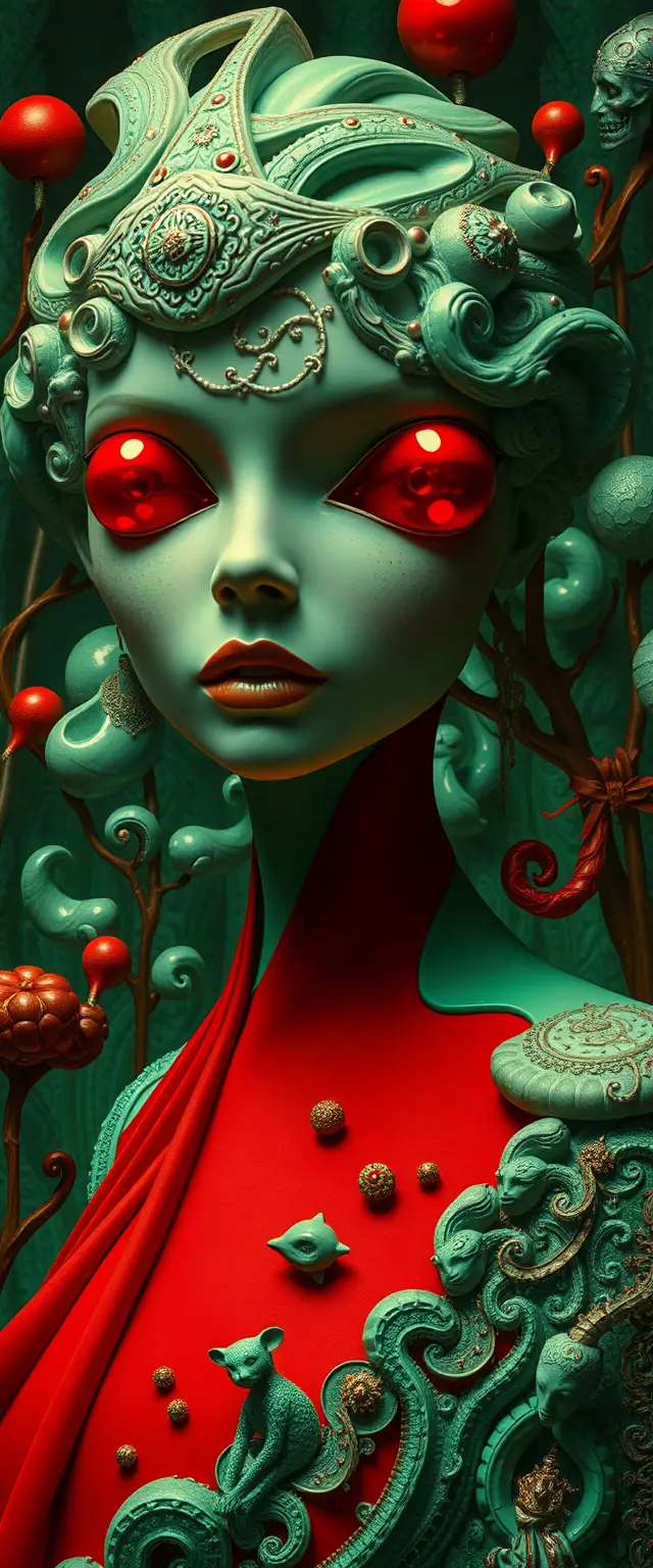 Surreal green and red portrait of a mysterious woman
