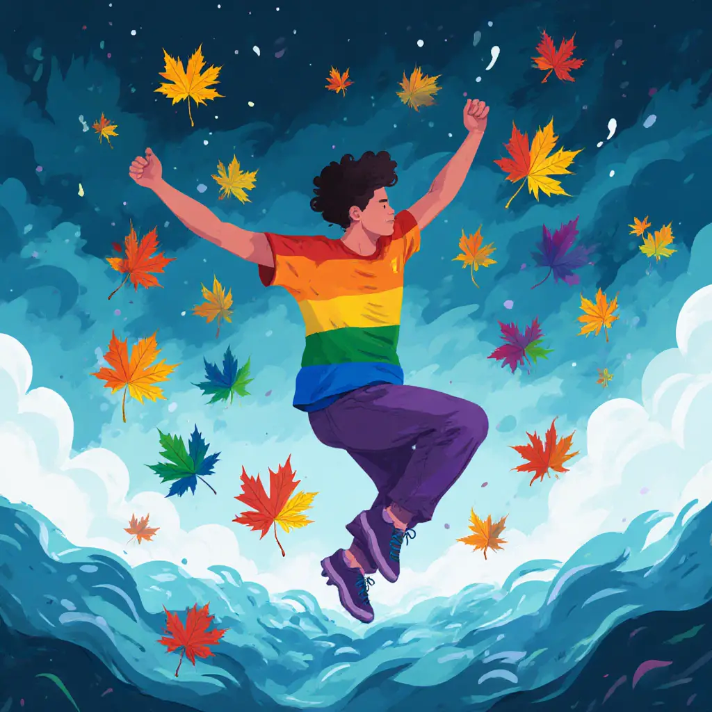 Non binary dancer in a storm with rainbow maple leaves
