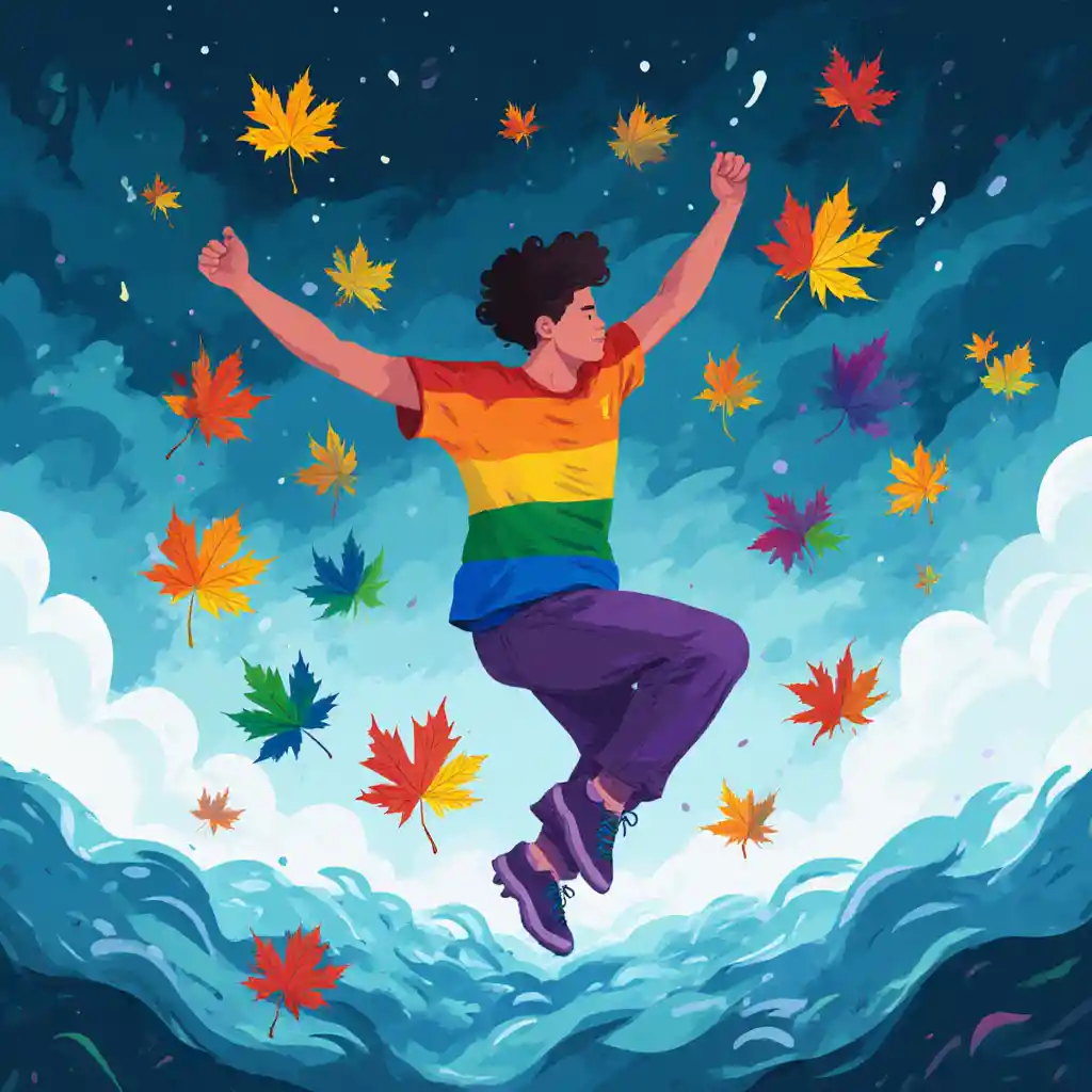 Non binary dancer in a storm with rainbow maple leaves