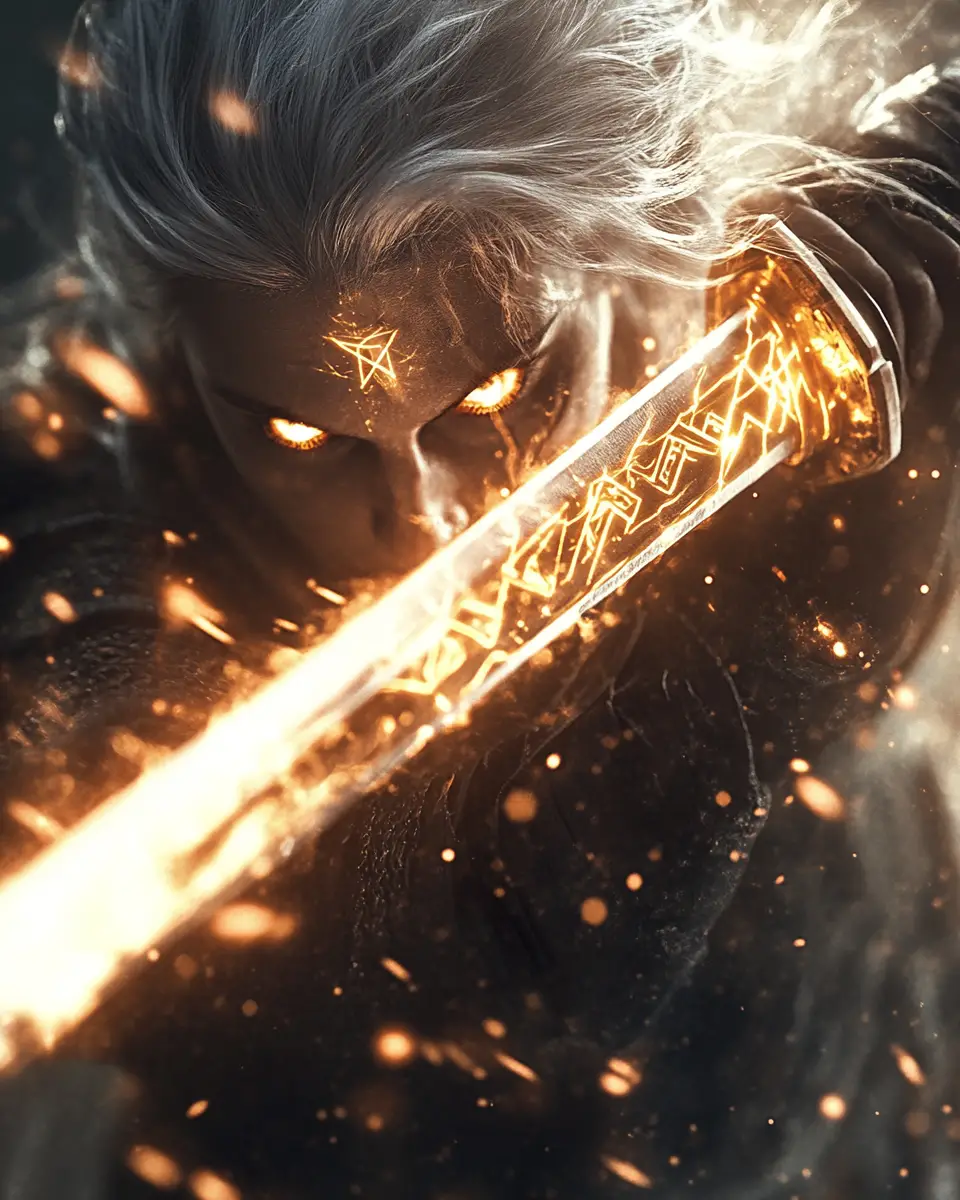 Glowing sword slams into the ground with magic energy