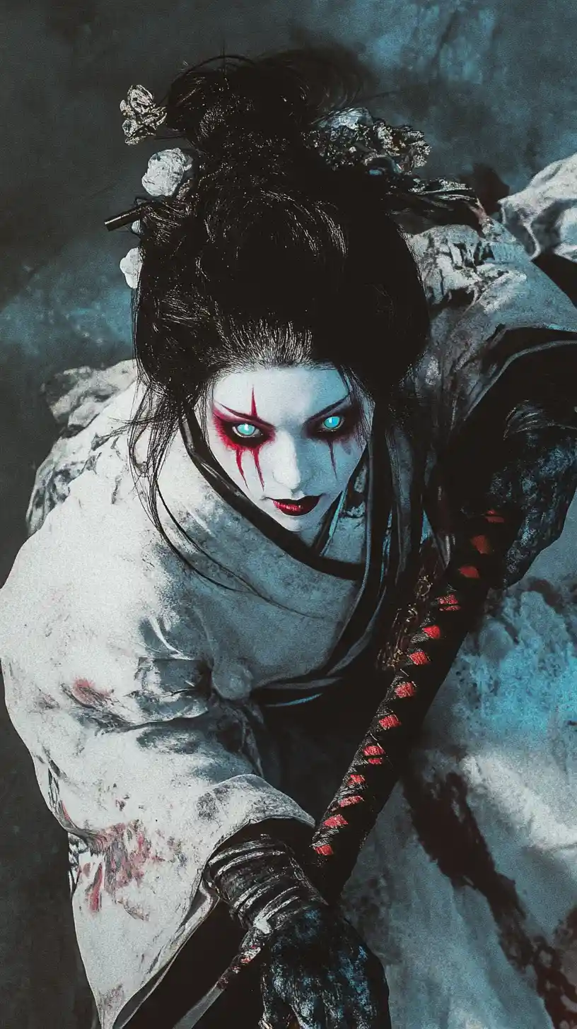 Vengeful cyberpunk demon geisha with glowing katana