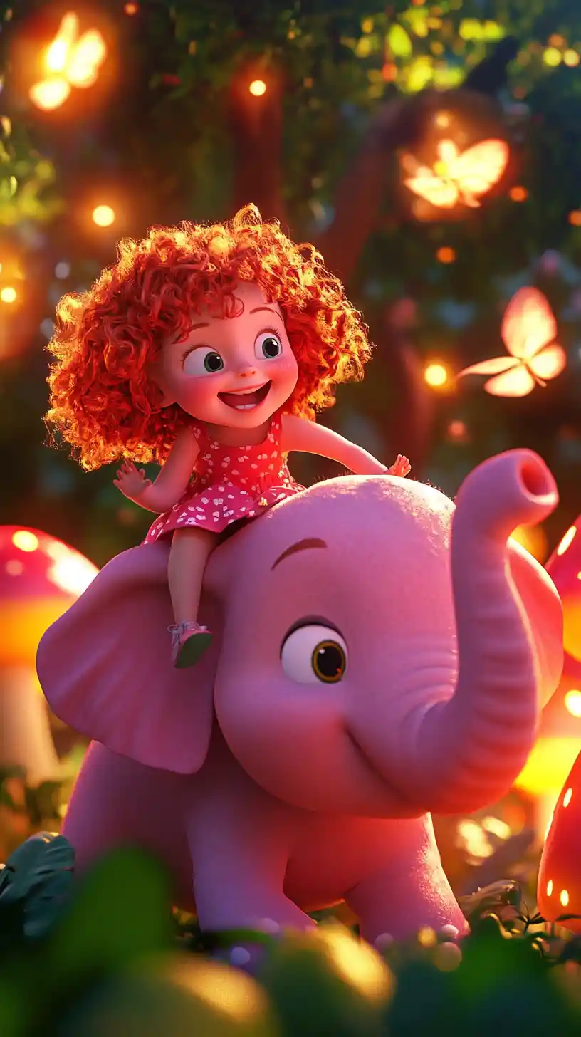Laughing red haired girl riding a pink elephant