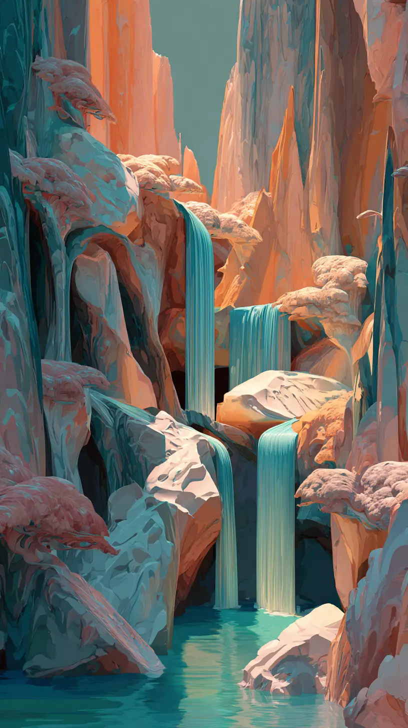 Impossibly Tall Waterfall In A Surreal Fantasy Landscape