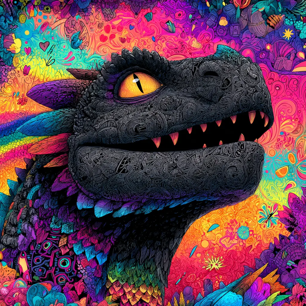 Playful Cartoon Dragon With Rainbow Doodle Patterned Scales