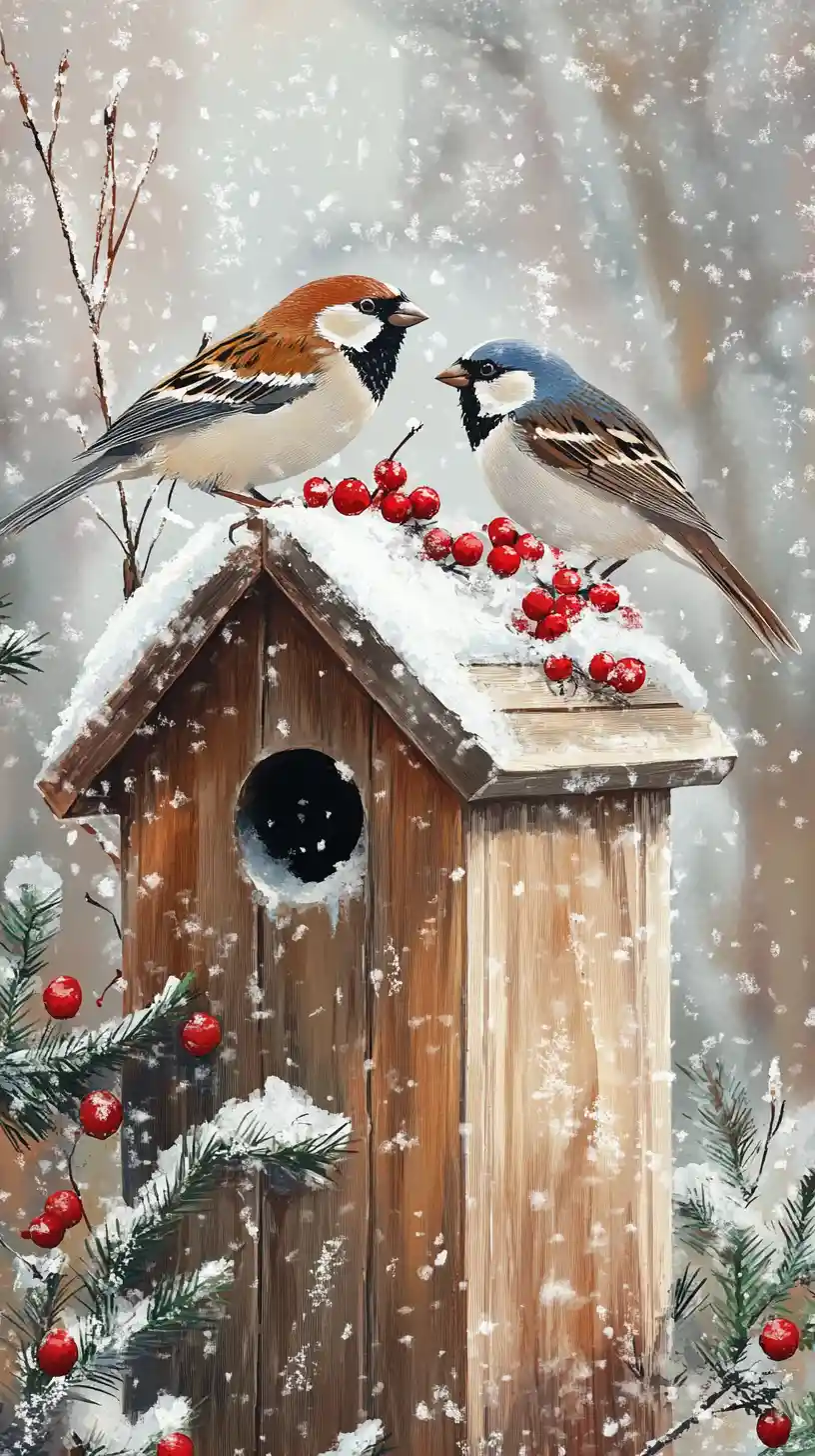 Two Sparrows On A Snowy Birdhouse In Winter Forest