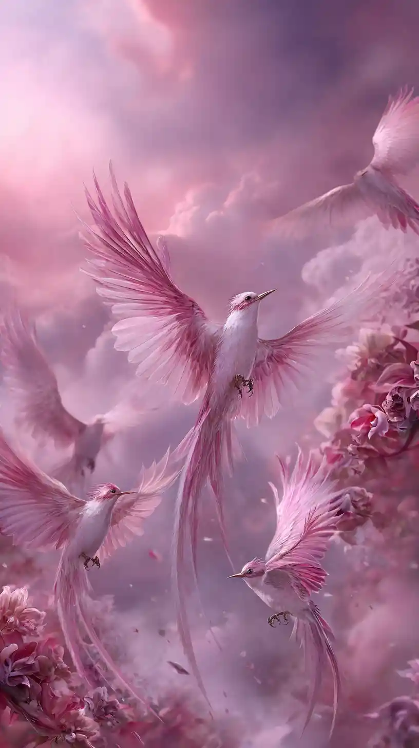 Dreamlike fantasy birds in soft pink and white tones