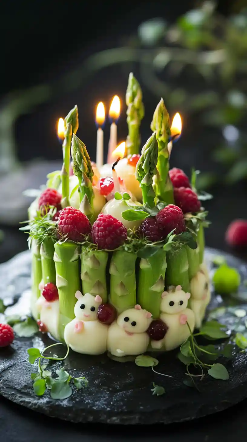 Torta in stile cartoon con lamponi e piccole decorazioni a forma di topolino