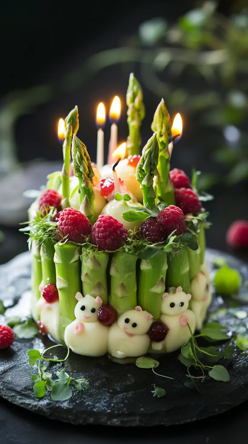 Cartoon cake with raspberries and tiny mice decoration