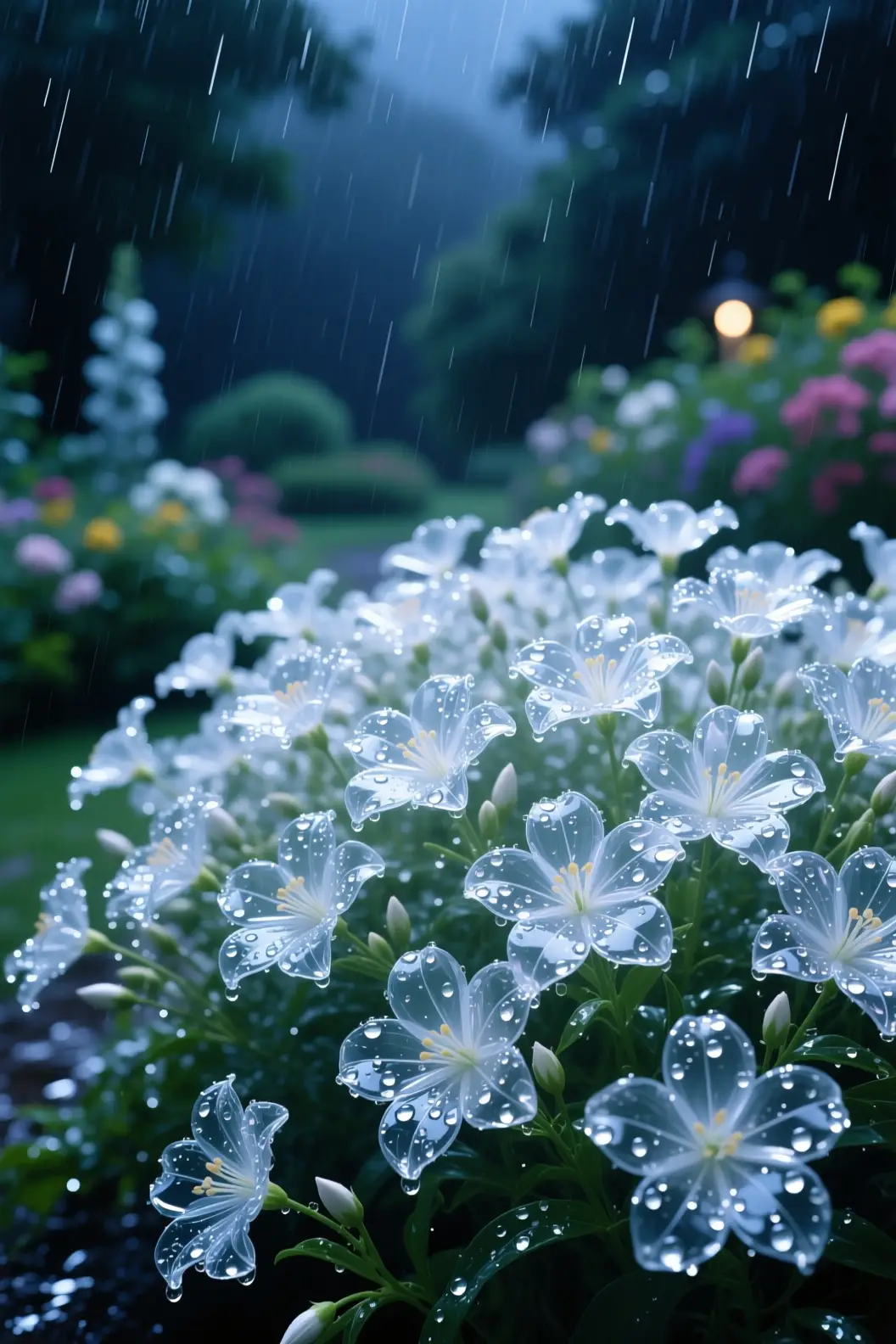 Night garden flowers with translucent petals and dew