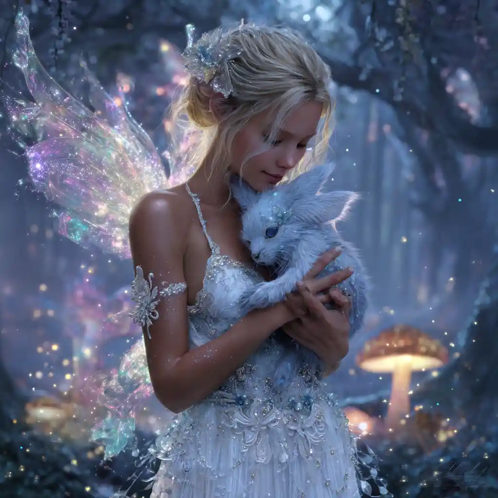 Rainbow fairy with glowing wings in enchanted forest