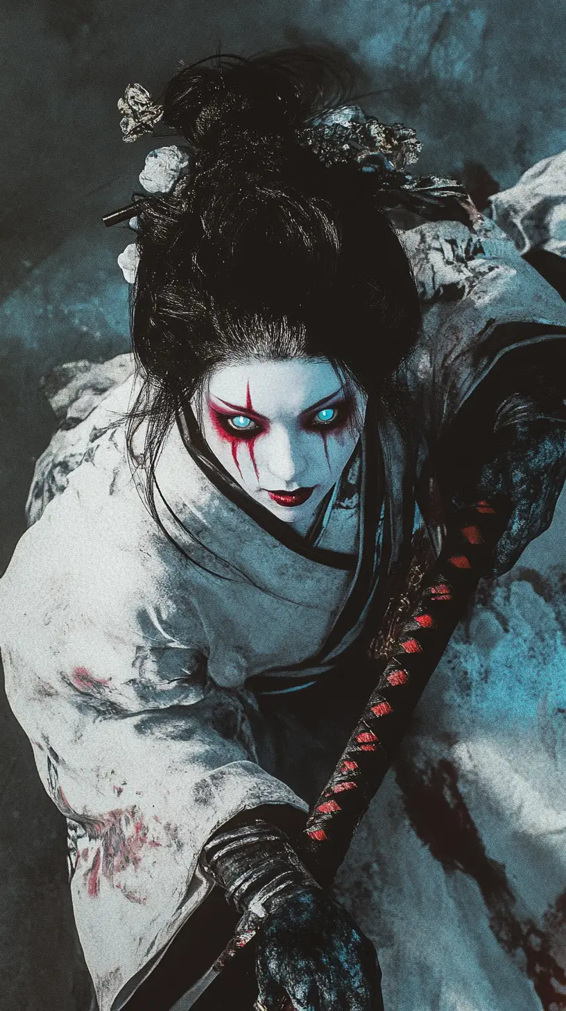 Vengeful cyberpunk demon geisha with glowing katana