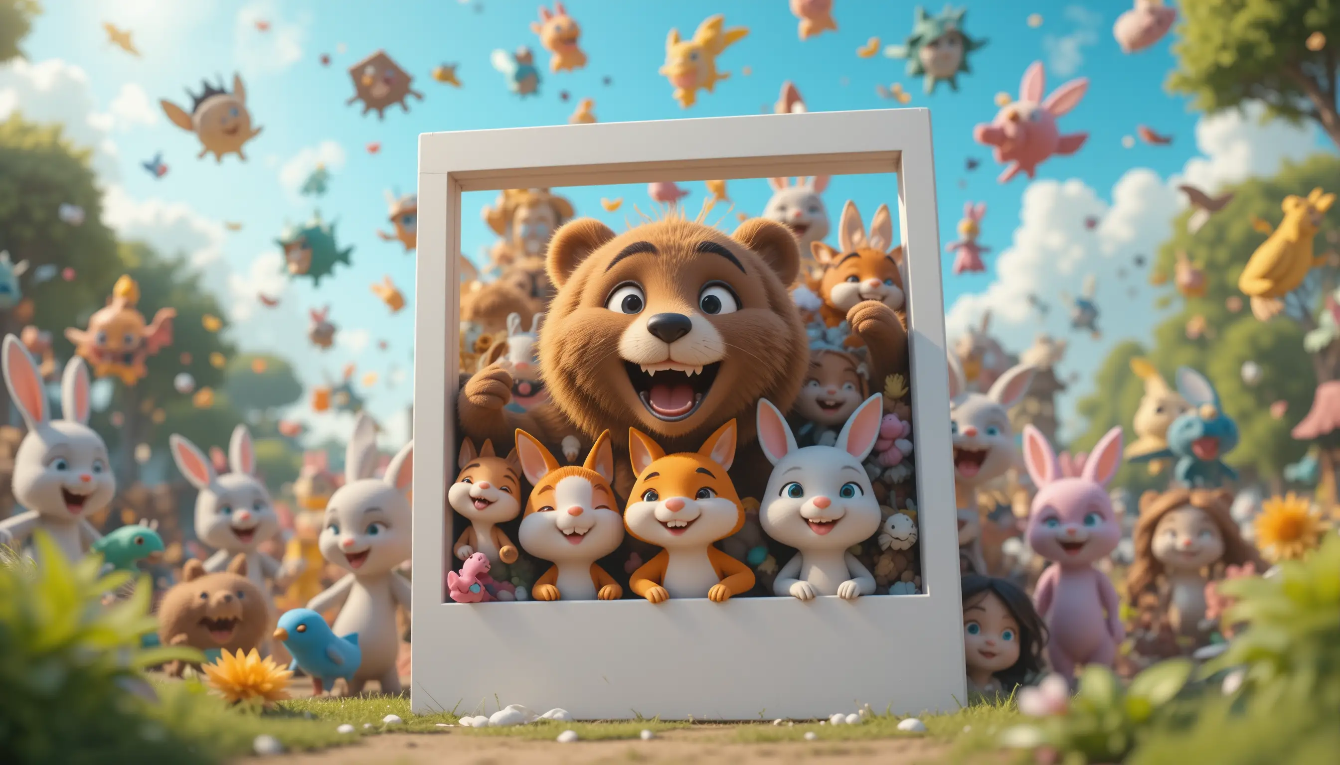 Cute 3D animals bursting from a giant photo frame