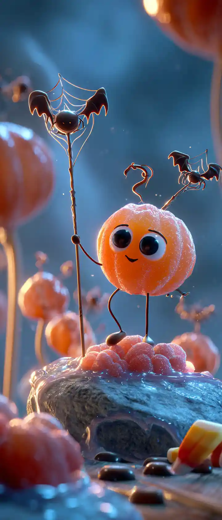 Whimsical 3D pumpkin candy hero on kitchen counter