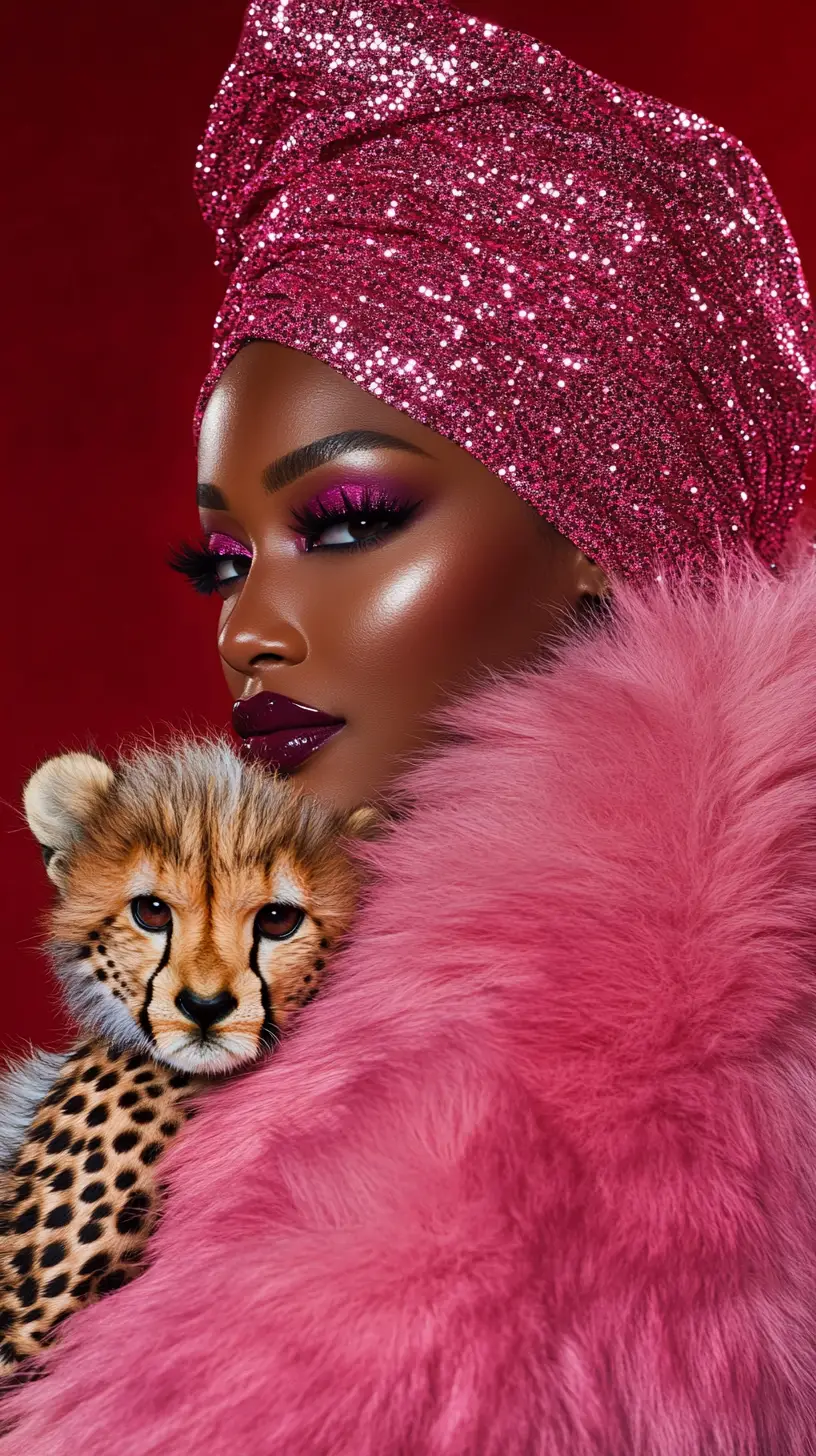 Elegant woman in pink fur with cheetah cub on red background