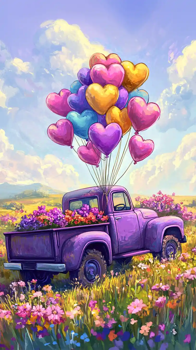 Whimsical Purple Truck With Balloons In Flower Field