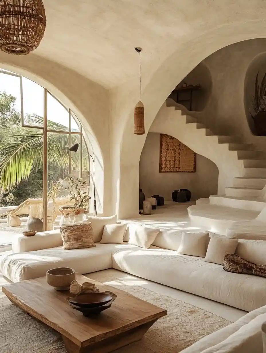 Sunlit living room with curved architecture and soft neutrals