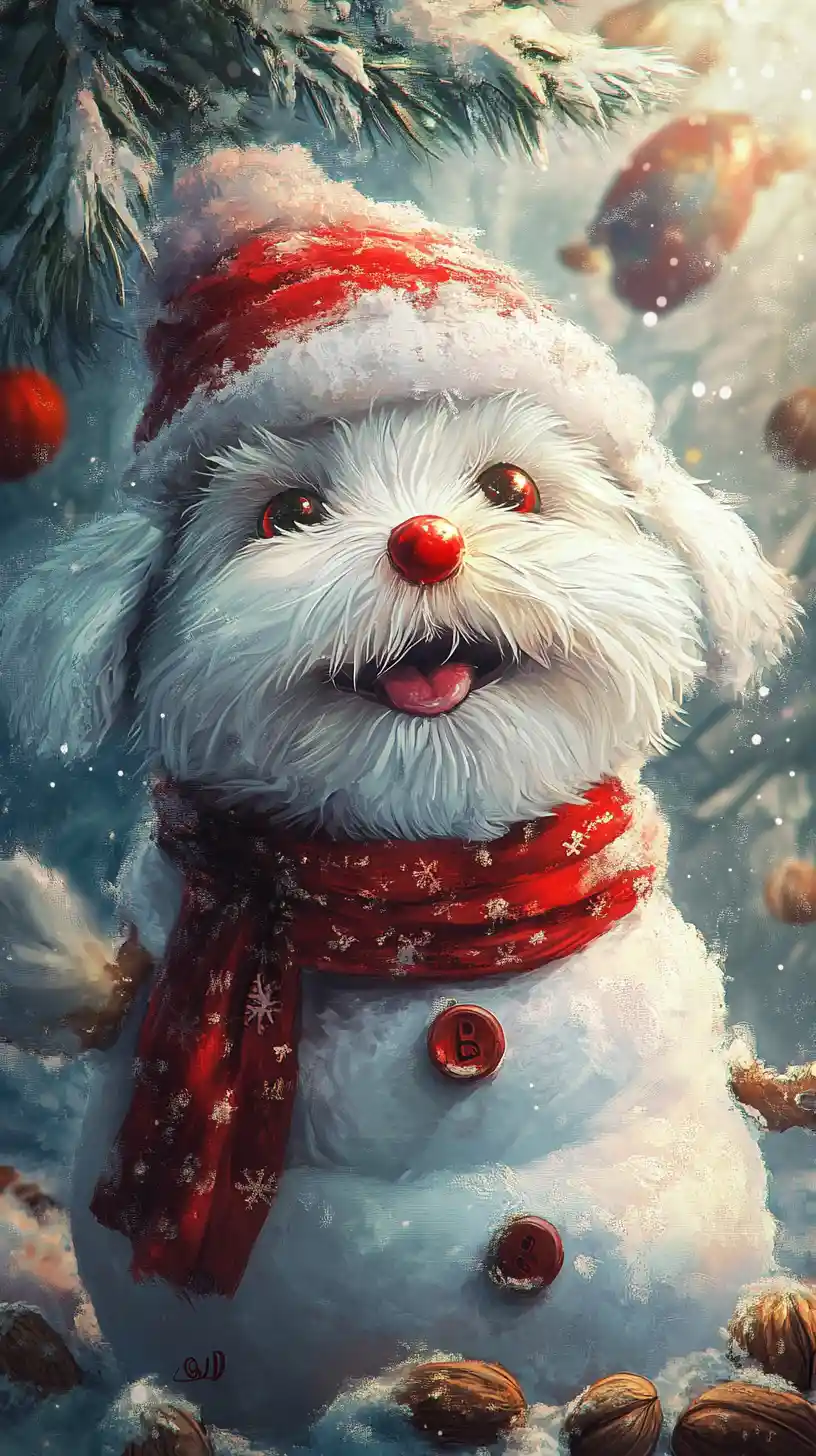 Snowman with red eyes in a quiet winter scene