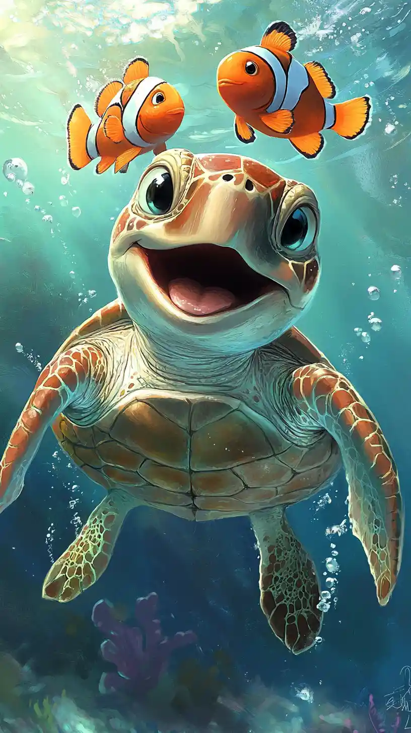 Smiling Cartoon Sea Turtle With Clownfish Underwater Scene