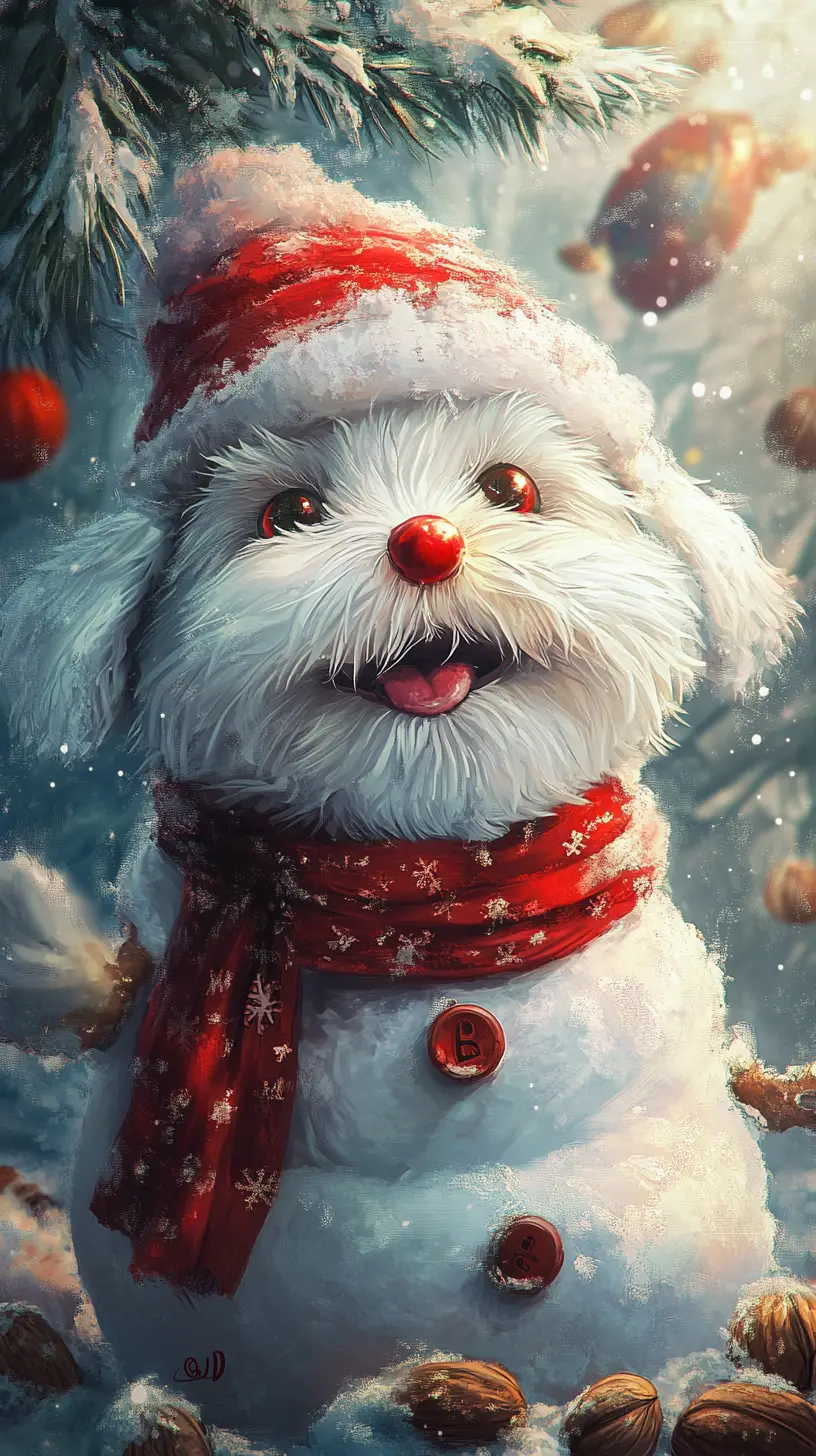 Snowman with red eyes in a quiet winter scene