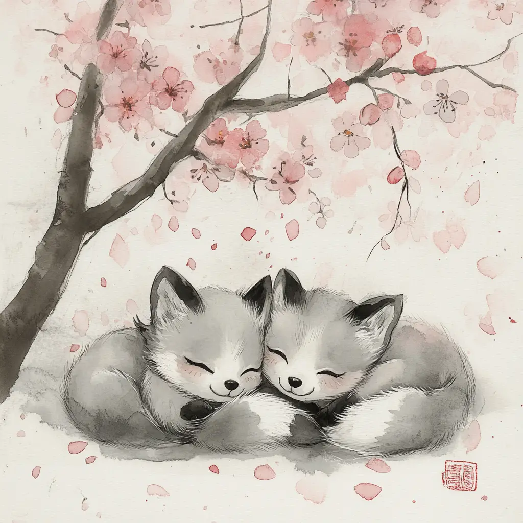 Playful fox kits cuddling under spring cherry blossoms