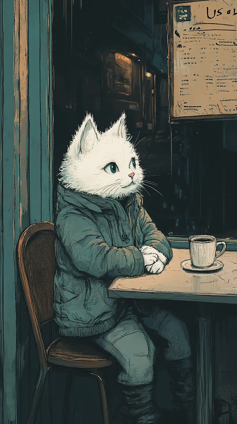 Cute fantasy cat resting by the cafe window at night