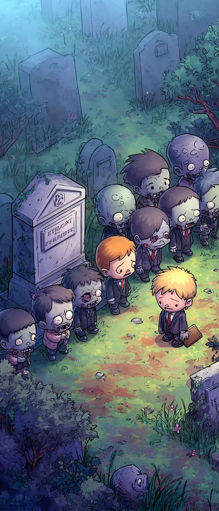Chibi zombies lining up in a cute dawn graveyard