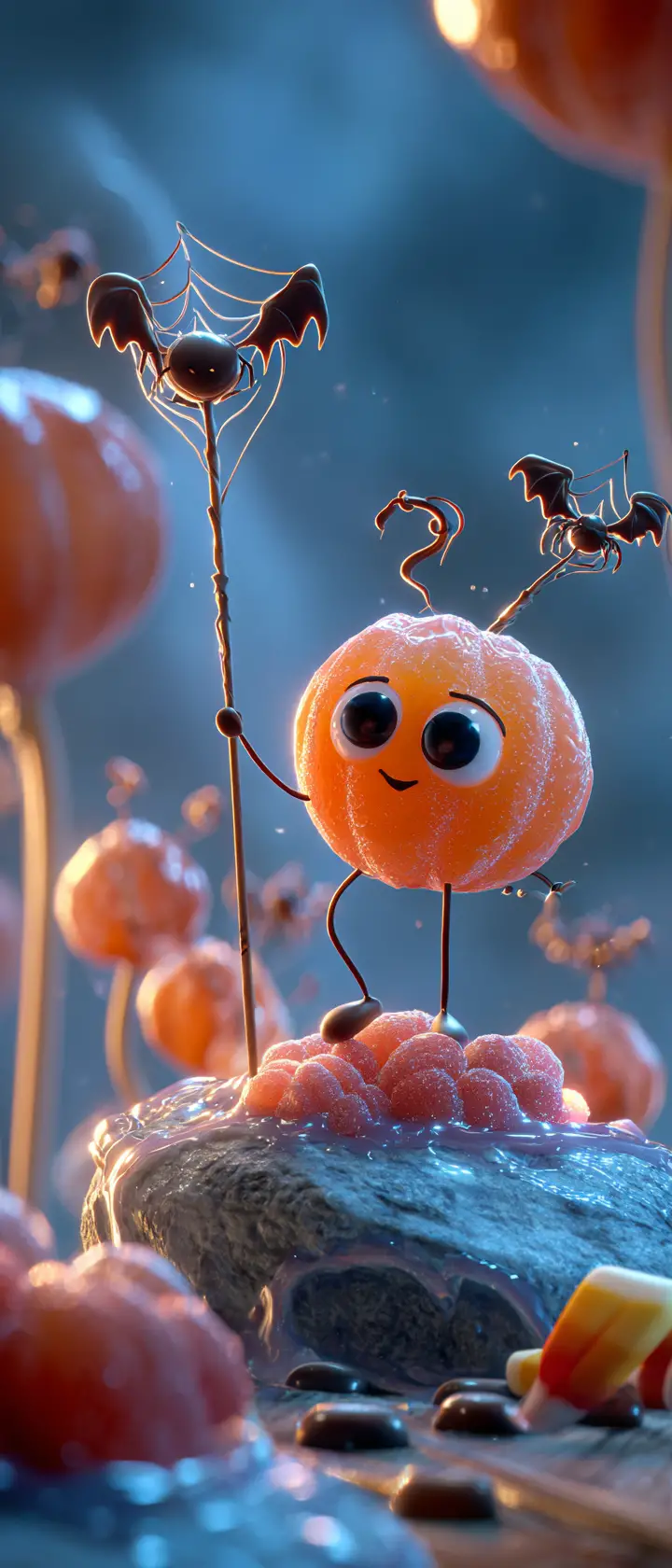 Whimsical 3D pumpkin candy hero on kitchen counter