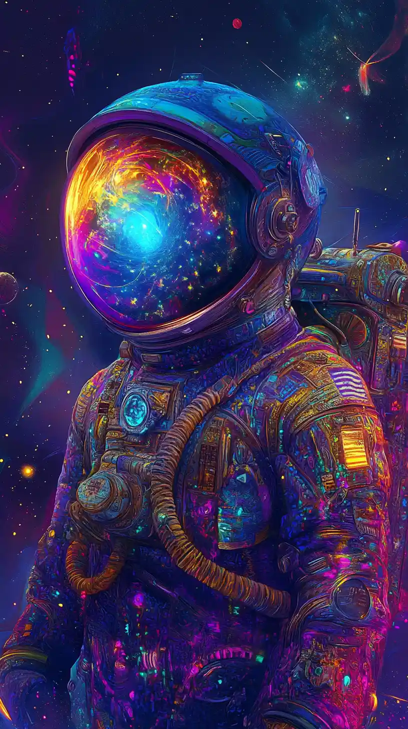 Psychedelic astronaut in radiant purple and gold spacesuit