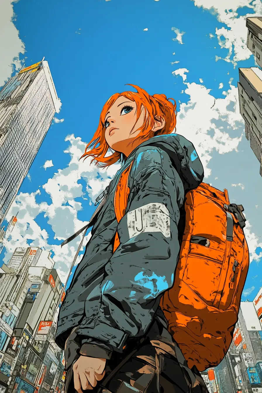 Determined anime woman walking through a modern city