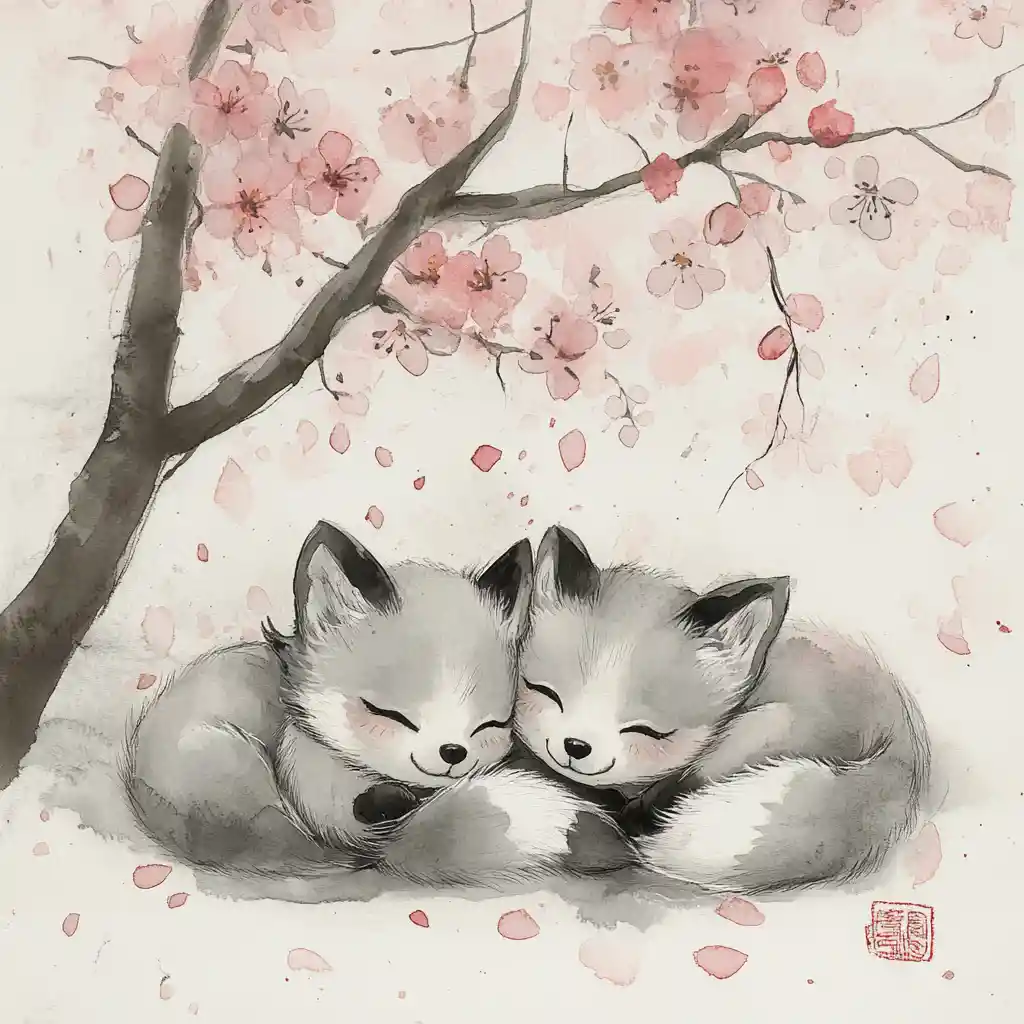Playful fox kits cuddling under spring cherry blossoms