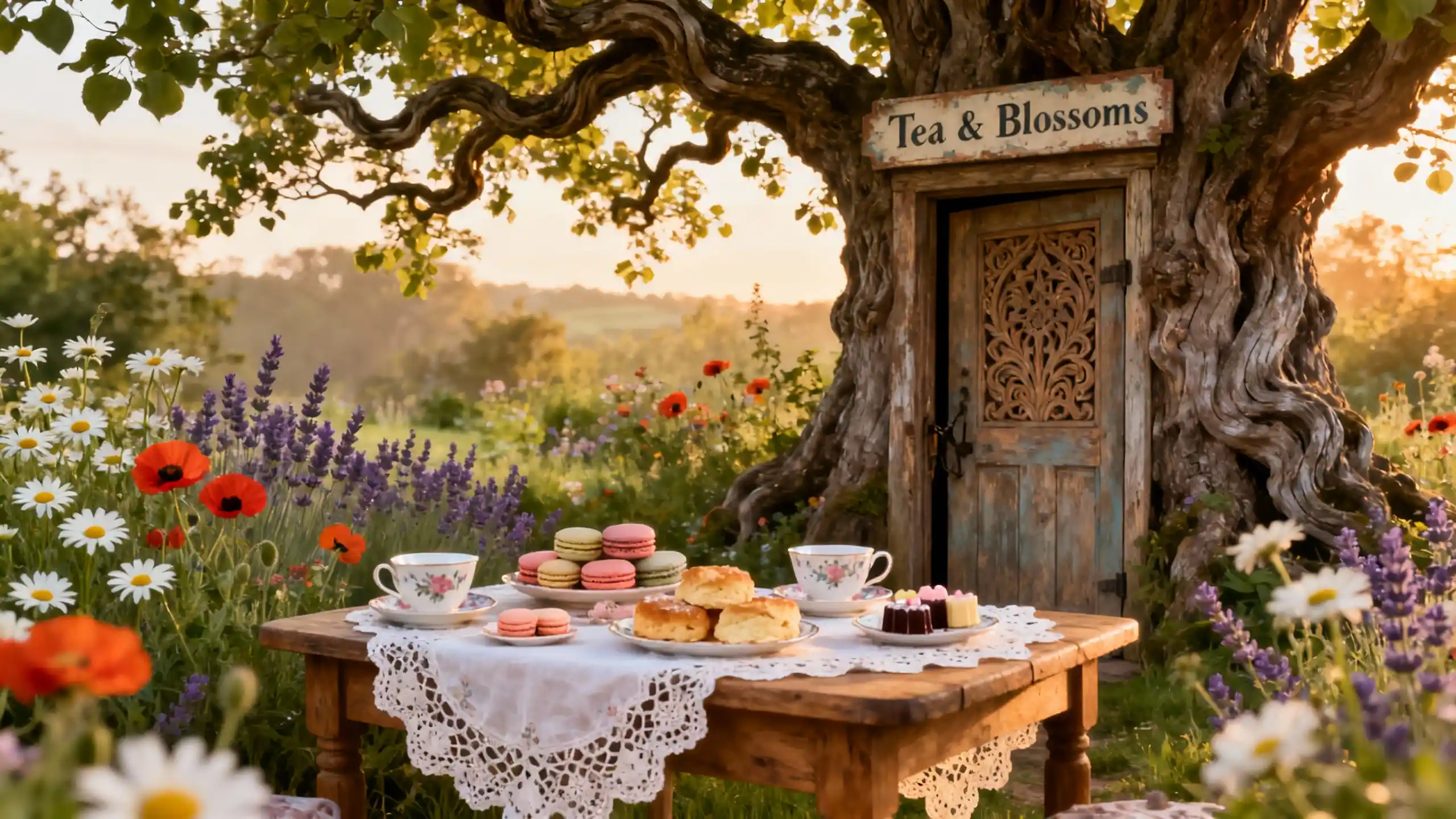 Hidden doorway opening to a vintage garden tea party