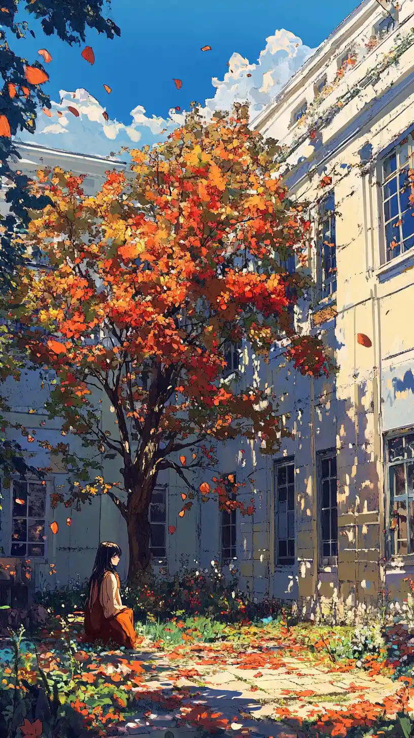 Young woman by a rowan tree in sunny autumn courtyard