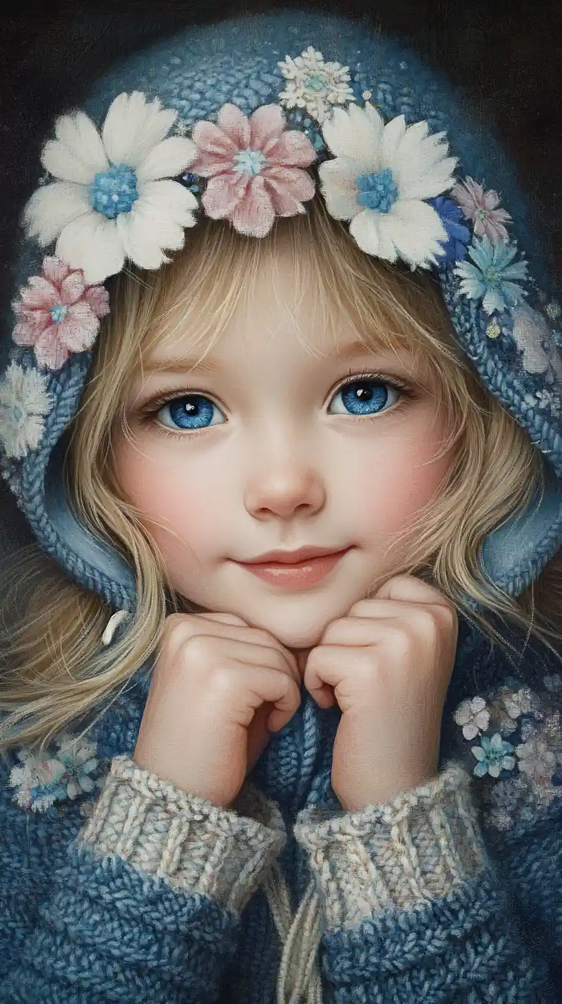 Young girl in blue hooded sweater with soft blue eyes