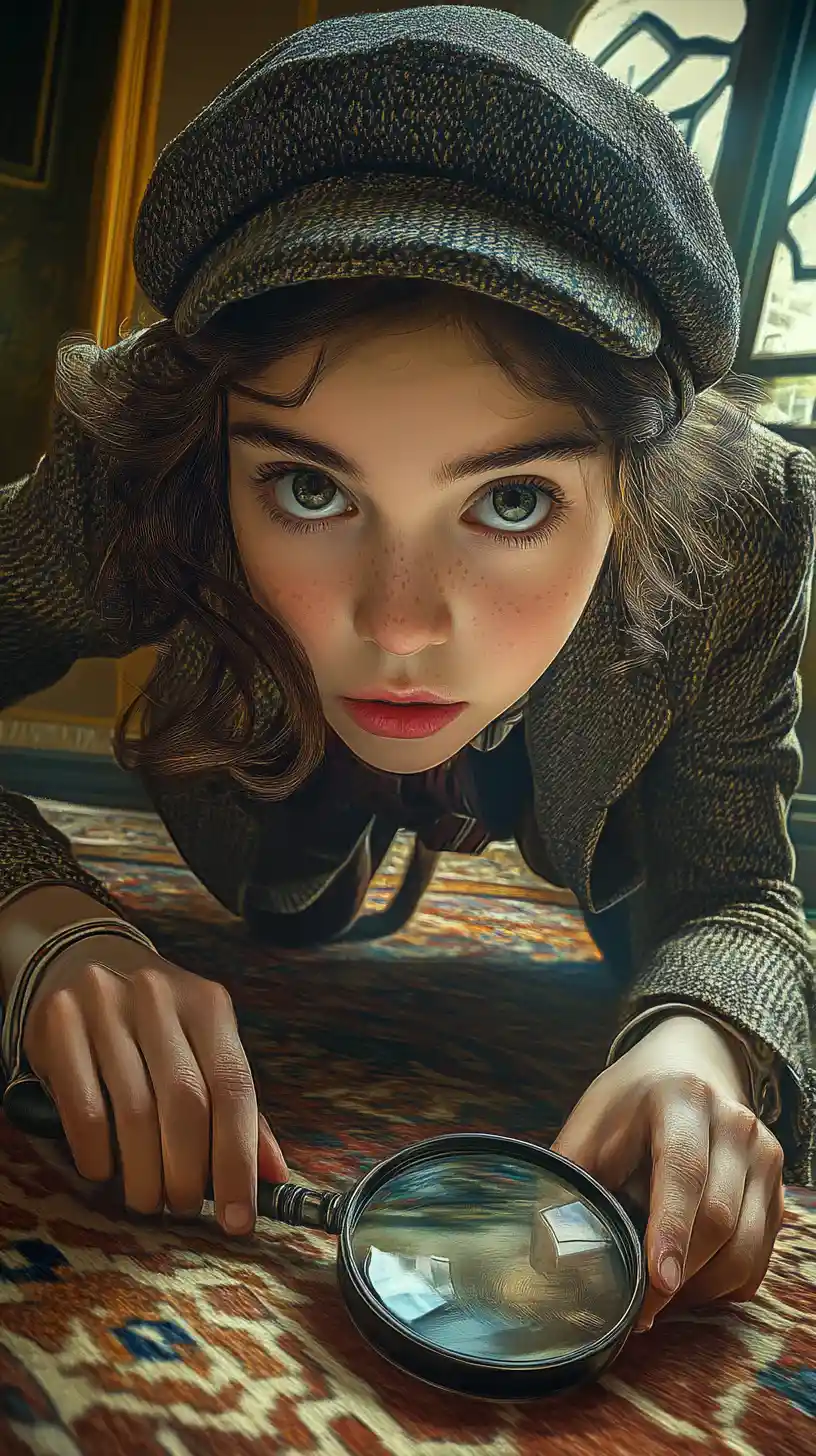 Detective girl searching the floor with magnifying glass