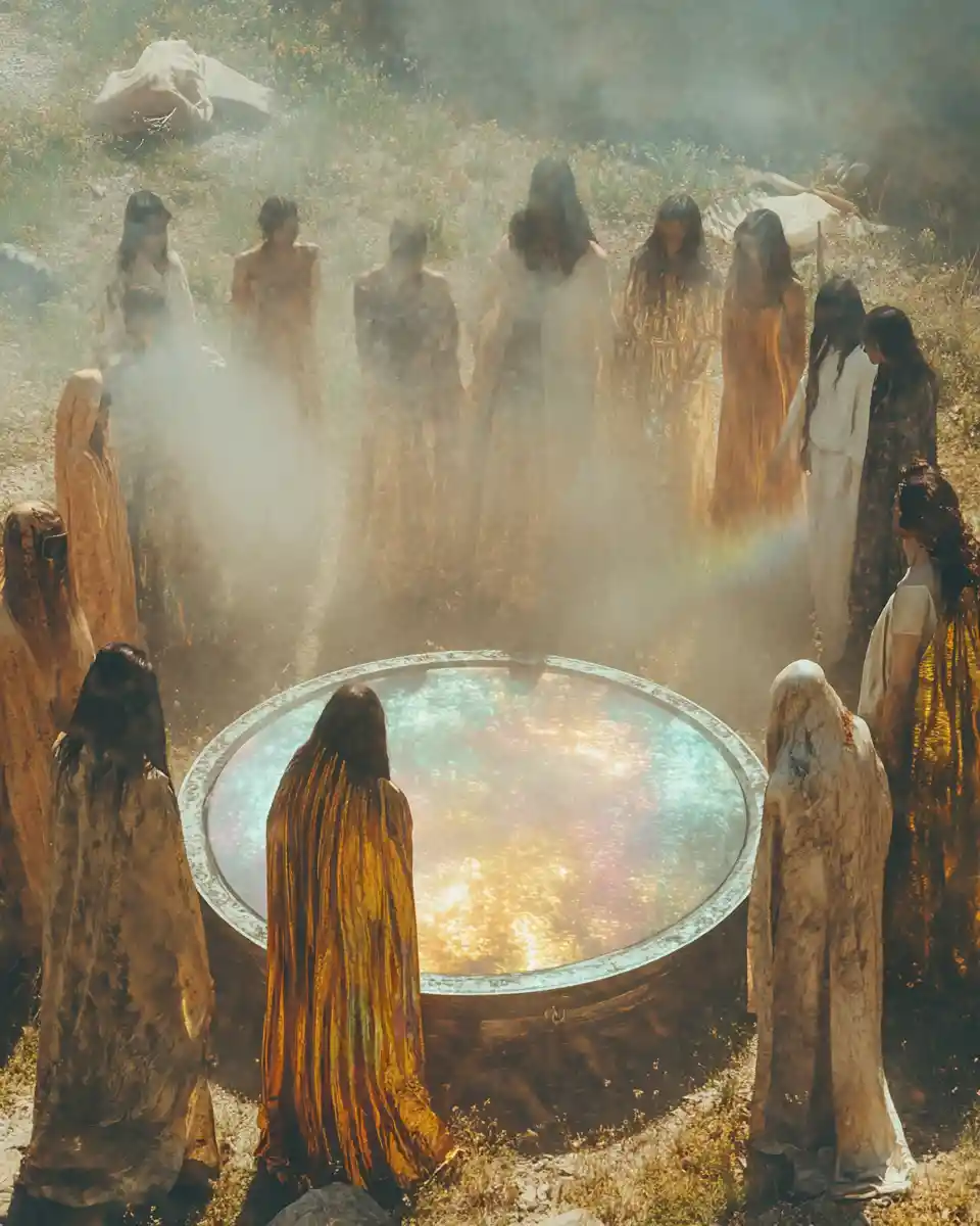 Ceremonial gathering around a mysterious device in fog