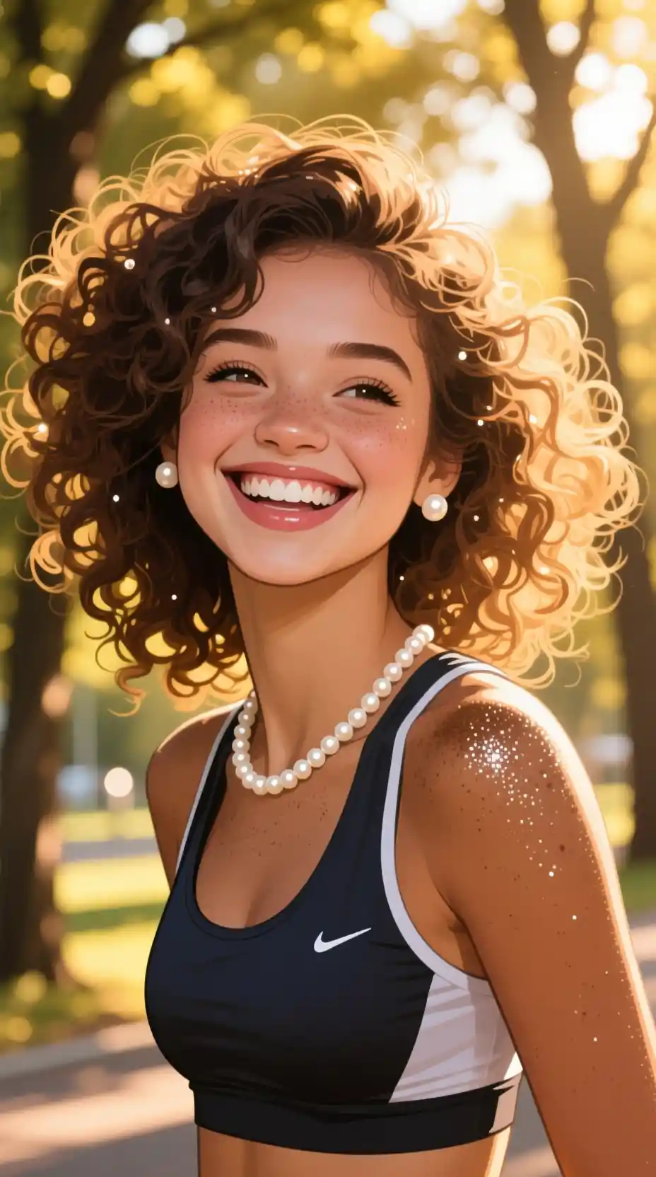 Smiling sporty girl in warm sunlight forest portrait