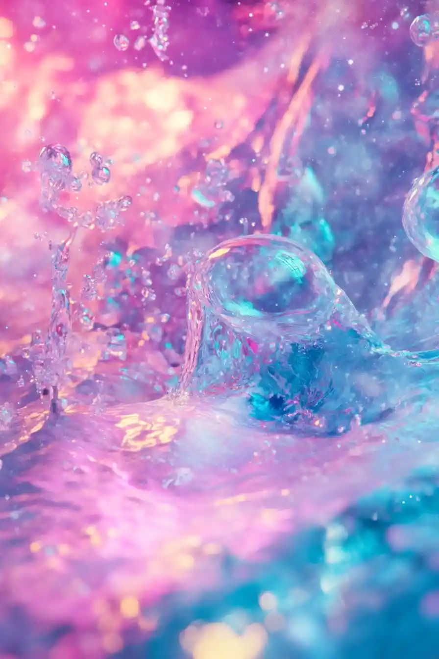 Dreamy pastel oasis with neon iridescent fantasy glow