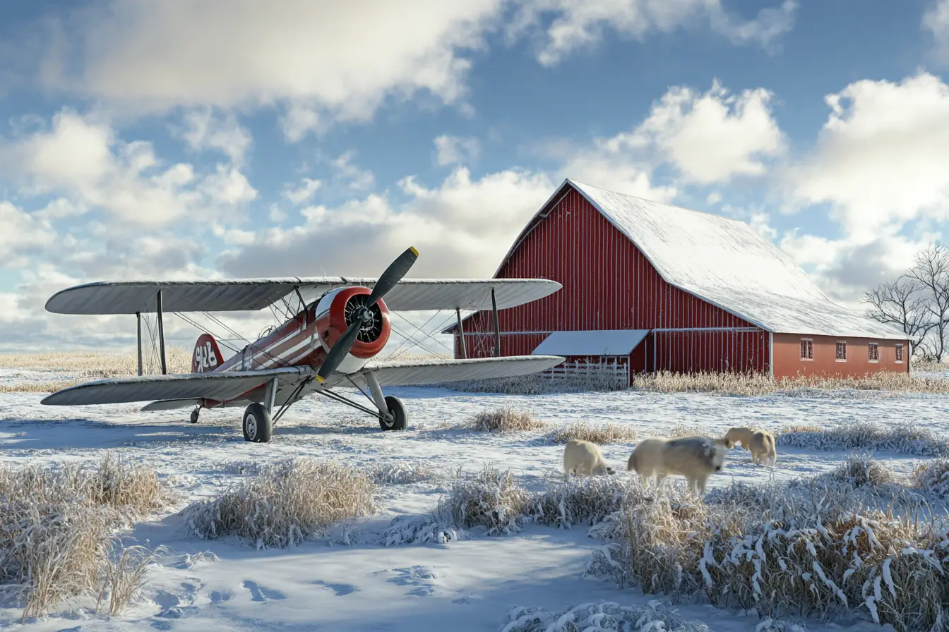 World War 1 biplane flying low over snowy farm