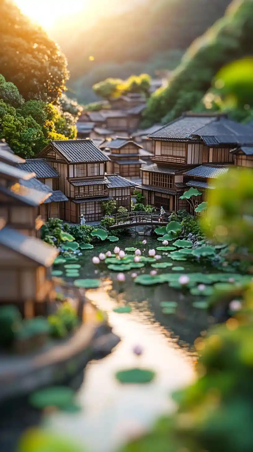 Anime lotus pond diorama in a tranquil Japanese valley