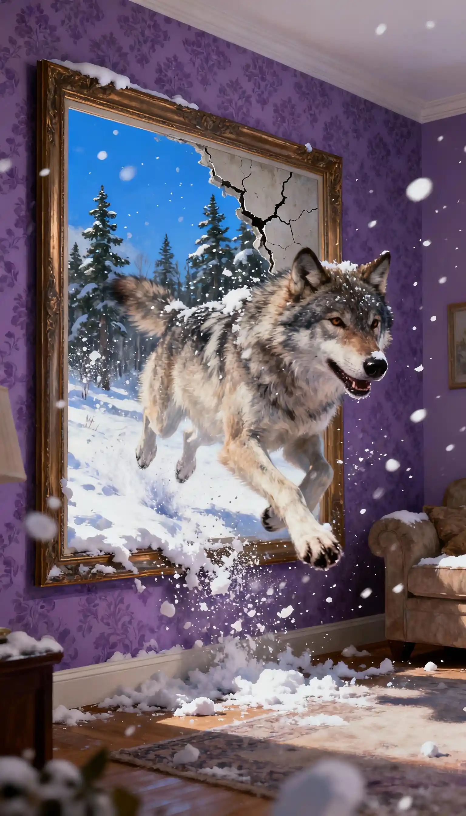Lobo saltando desde un bosque nevado enmarcado hacia la sala de estar