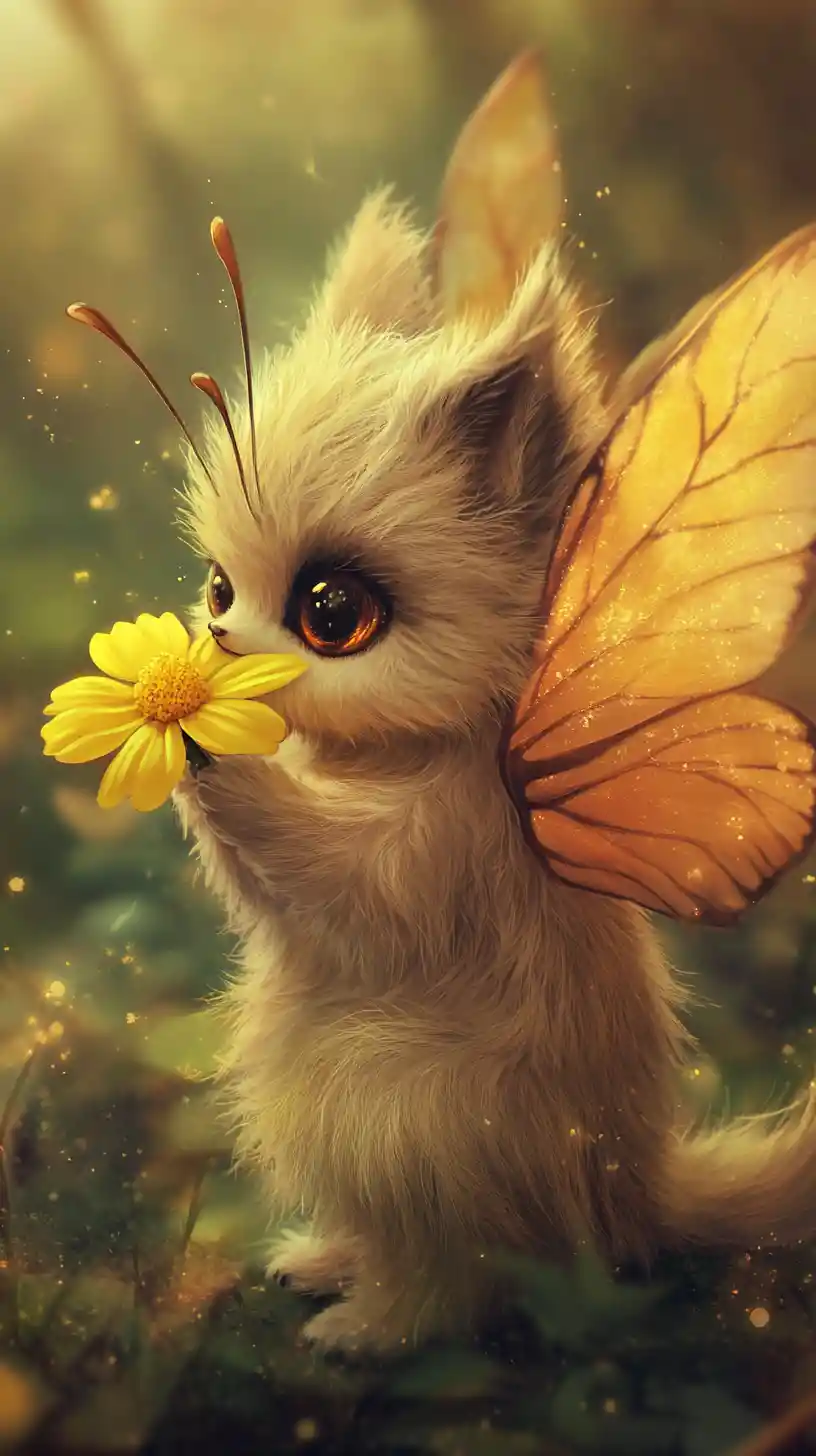 Whimsical Furry Fantasy Creature Smelling A Yellow Flower
